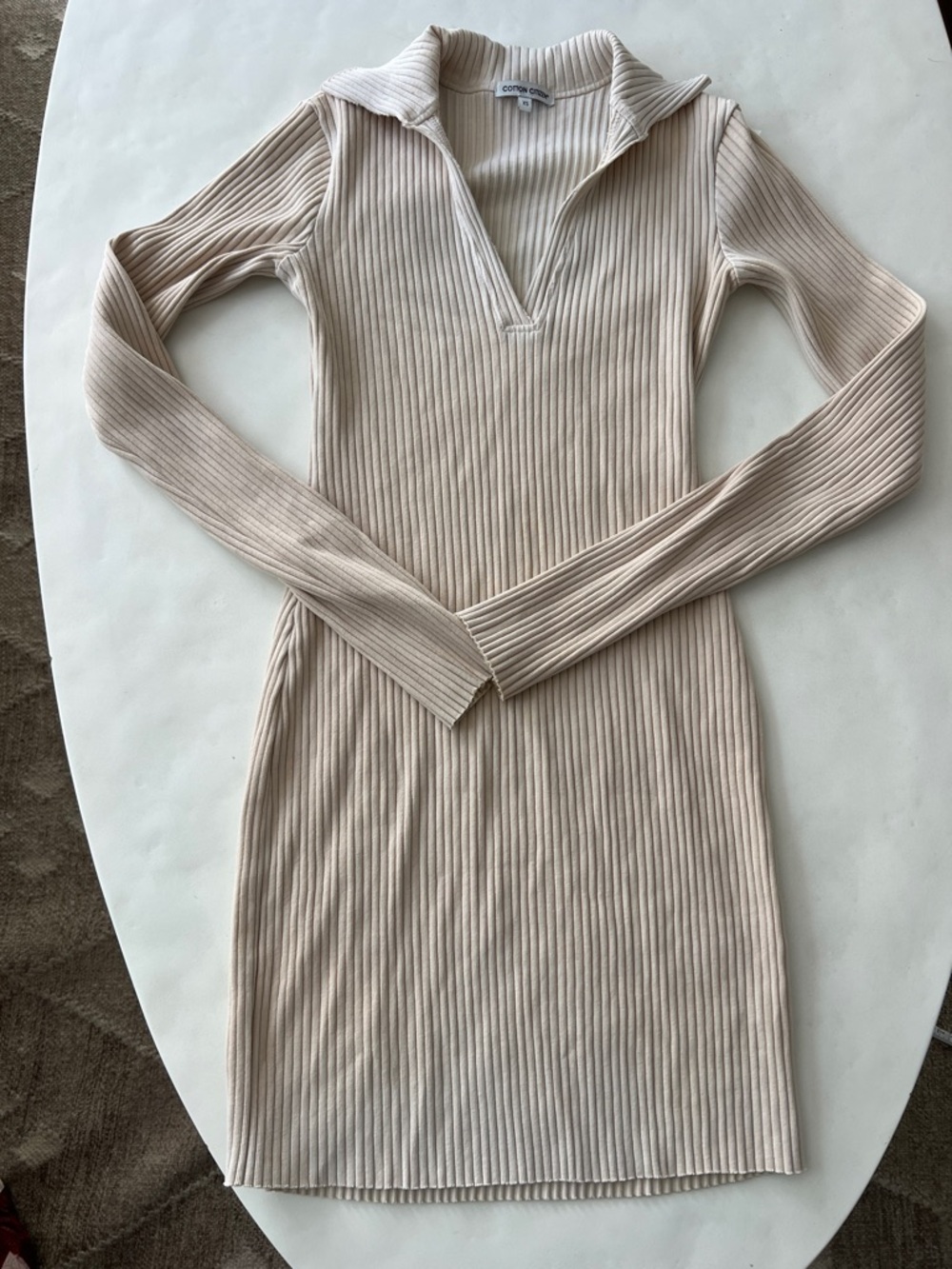 Cotton Citizen Ibiza Long Sleeve Ribbed Polo Dress Neutral Oatmeal Cream XS - Picture 4 of 7